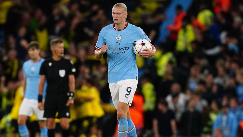 Erling Haaland tras marcar un gol en Champions