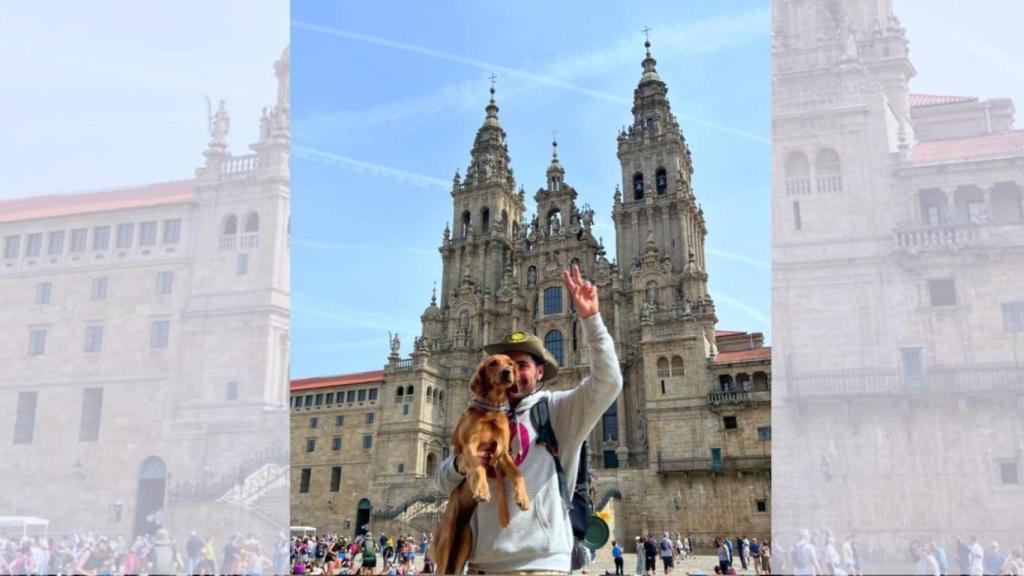 Hugo Pérez con su perra, Roma, al final del Camino de Santiago