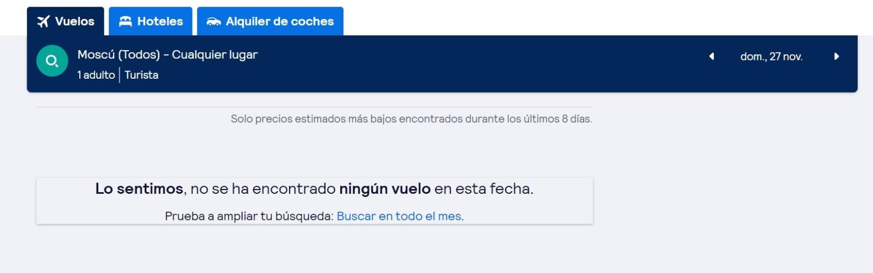 Búsqueda de vuelos para salir de Moscú.