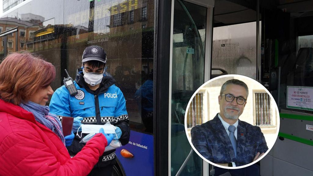 Una persona subiendo al transporte público con una mascarilla
