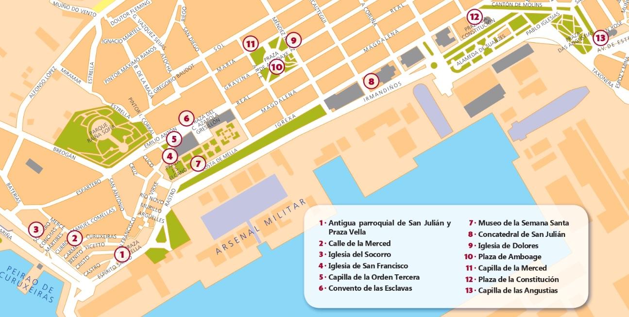 Plano de la Ruta Cofrade. Imagen: Junta de Cofradías de la Semana Santa de Ferrol