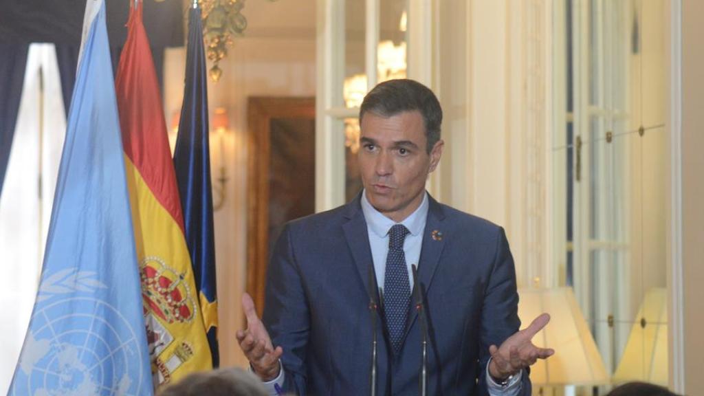 El presidente del Gobierno, Pedro Sánchez, durante su comparecencia de este jueves en Nueva York