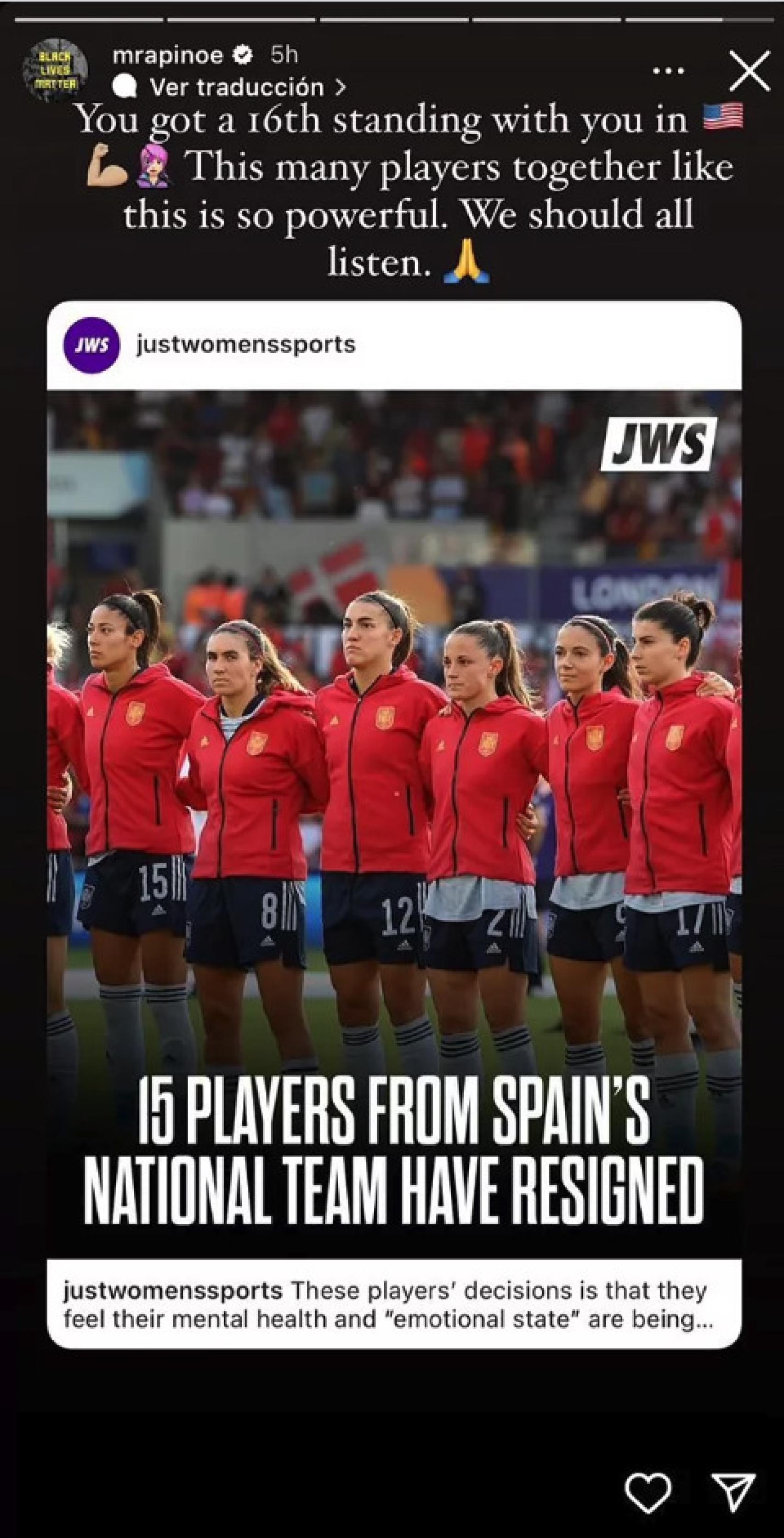 El mensaje de Megan Rapinoe apoyando a las 15 jugadoras que renuncian a la Selección