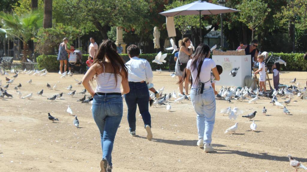 Las tres voluntarios jugando con los niños en el parque.