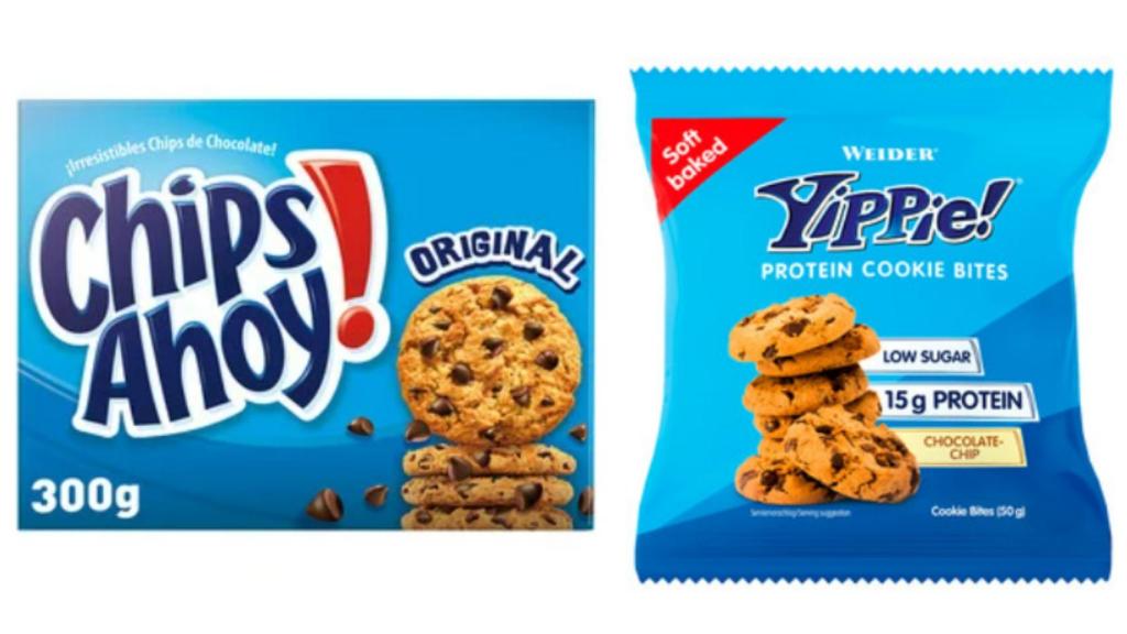 Unas galletas frente a su versión con extra de proteínas, ambas vendidas en Alcampo.