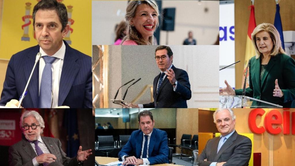 Iñigo Fernández de Mesa, Yolanda Díaz, Fátima Báñez, Antonio Garamendi, Jose Sánchez Llibre, Gerardo Cuerva y Miguel Garrido.