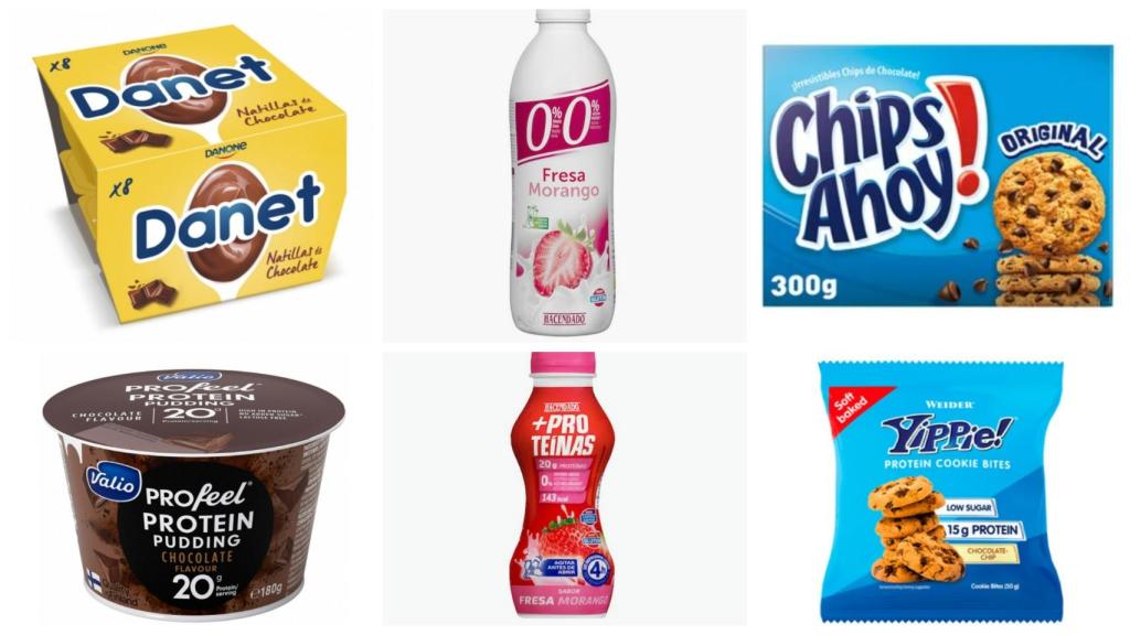 En la parte superior, tres productos de supermercado y, en la inferior, sus homólogos con extra de proteínas.