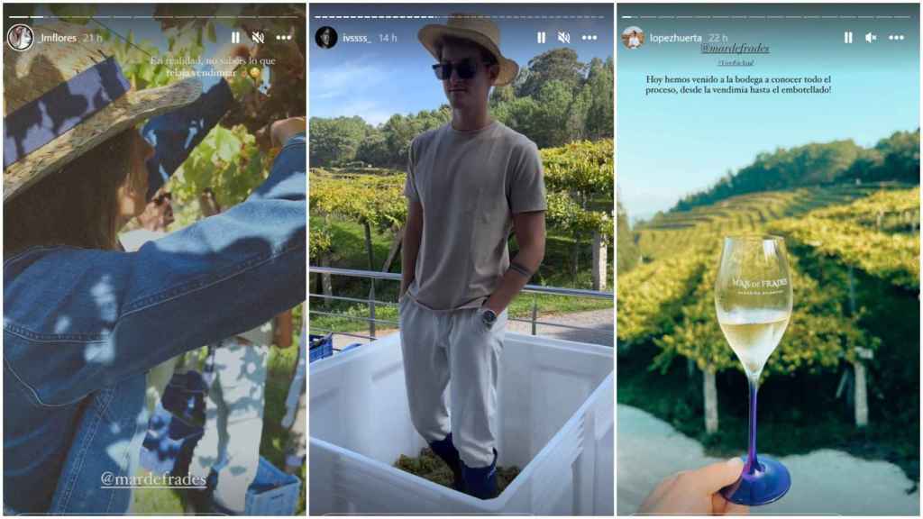 Laura Matamoros, Iván Martín y Álvaro López Huerta en una bodega de las Rías Baixas.