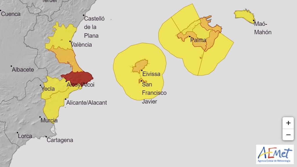 Mapa de Aemet con los distintos niveles de alerta para esta madrugada.