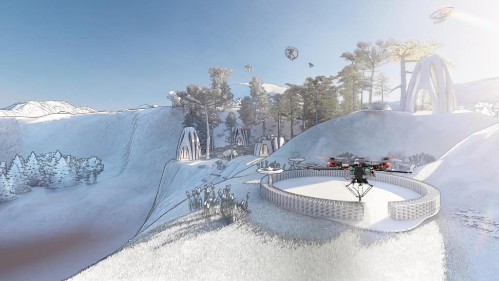 Ilustración de drones construyendo en la montaña