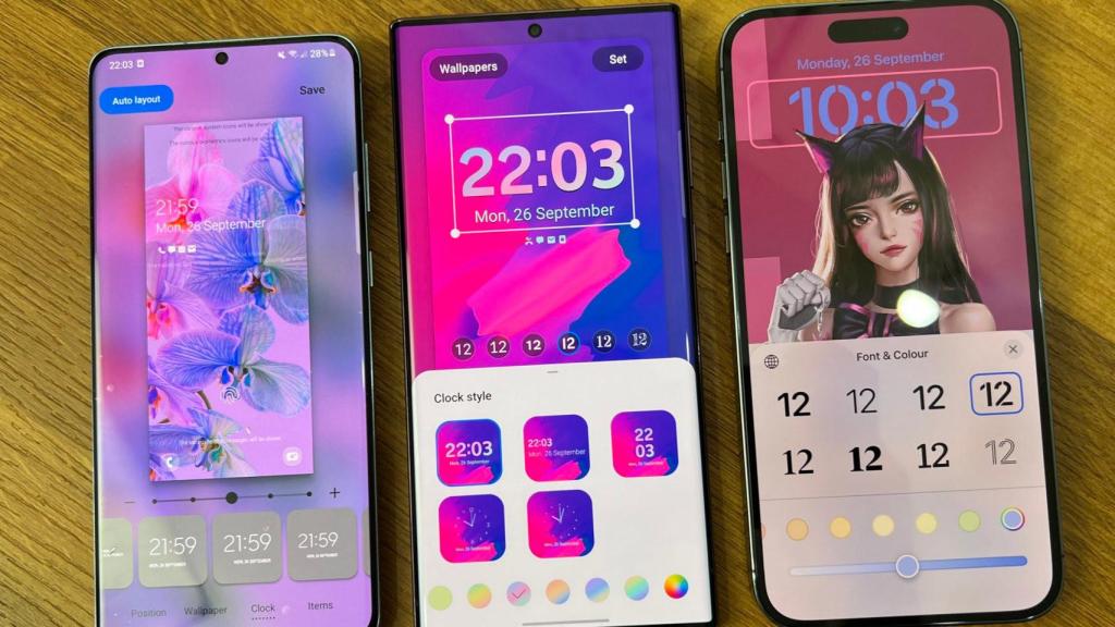 La configuración de la pantalla de bloqueo de One UI 5 (centro) se parece a la del iPhone (der.)