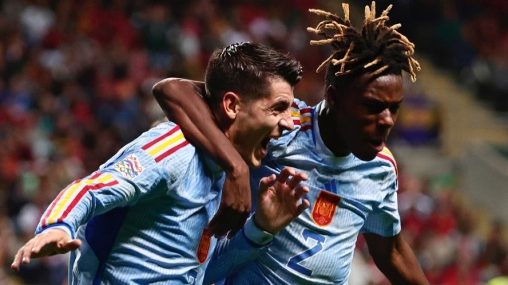 Nico Williams, celebrando junto a Álvaro Morata el gol la victoria de España ante Portugal