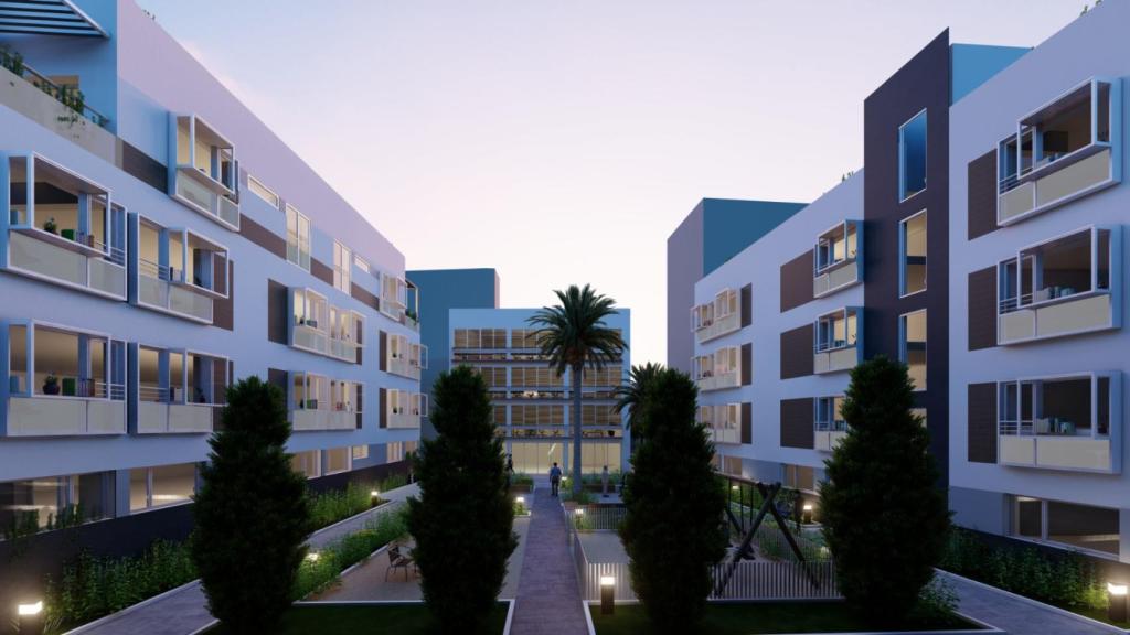 Infografía del proyecto de vivienda protegida en alquiler que Lagoom Living plantea en Lagunillas, en Málaga.