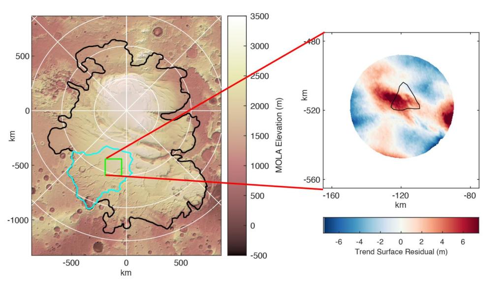 El polo sur de Marte, con la zona en el recuadro que contendría el lago subterráneo.