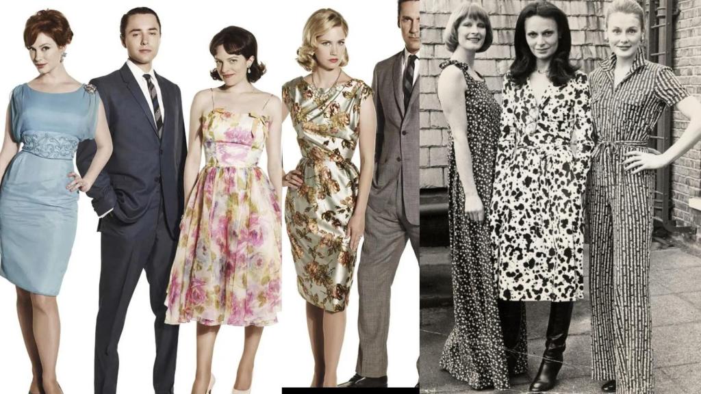 Personajes de la serie 'Mad Men' (Izda.) y Diane Von Furstenberg, entre dos modelos con sus creaciones.