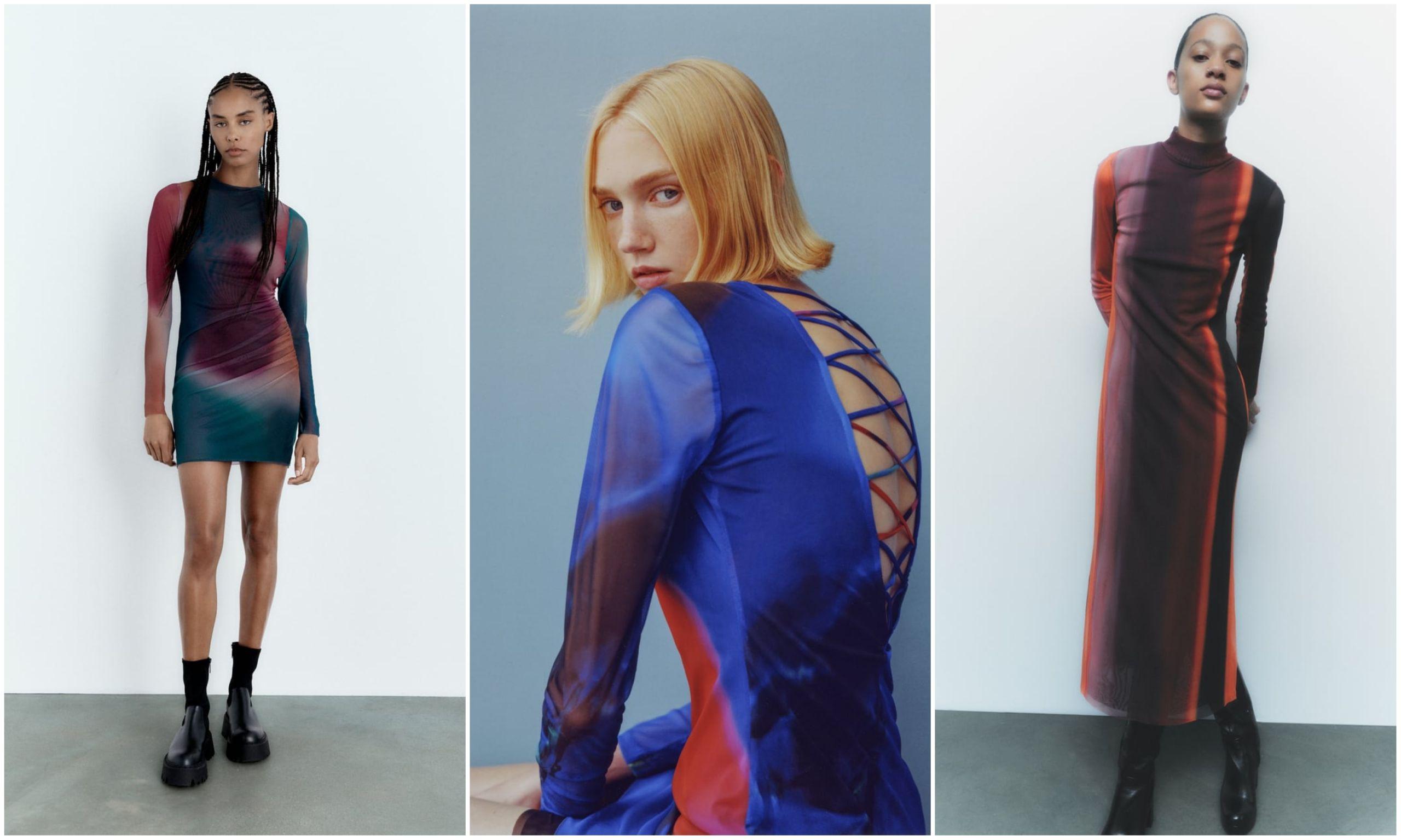 Tres vestidos de tul estampados de Zara. De izquierda a derecha, Vestido de cuello redondo y manga larga, vestido corto de cuello redondo y vestido de cuello subido)