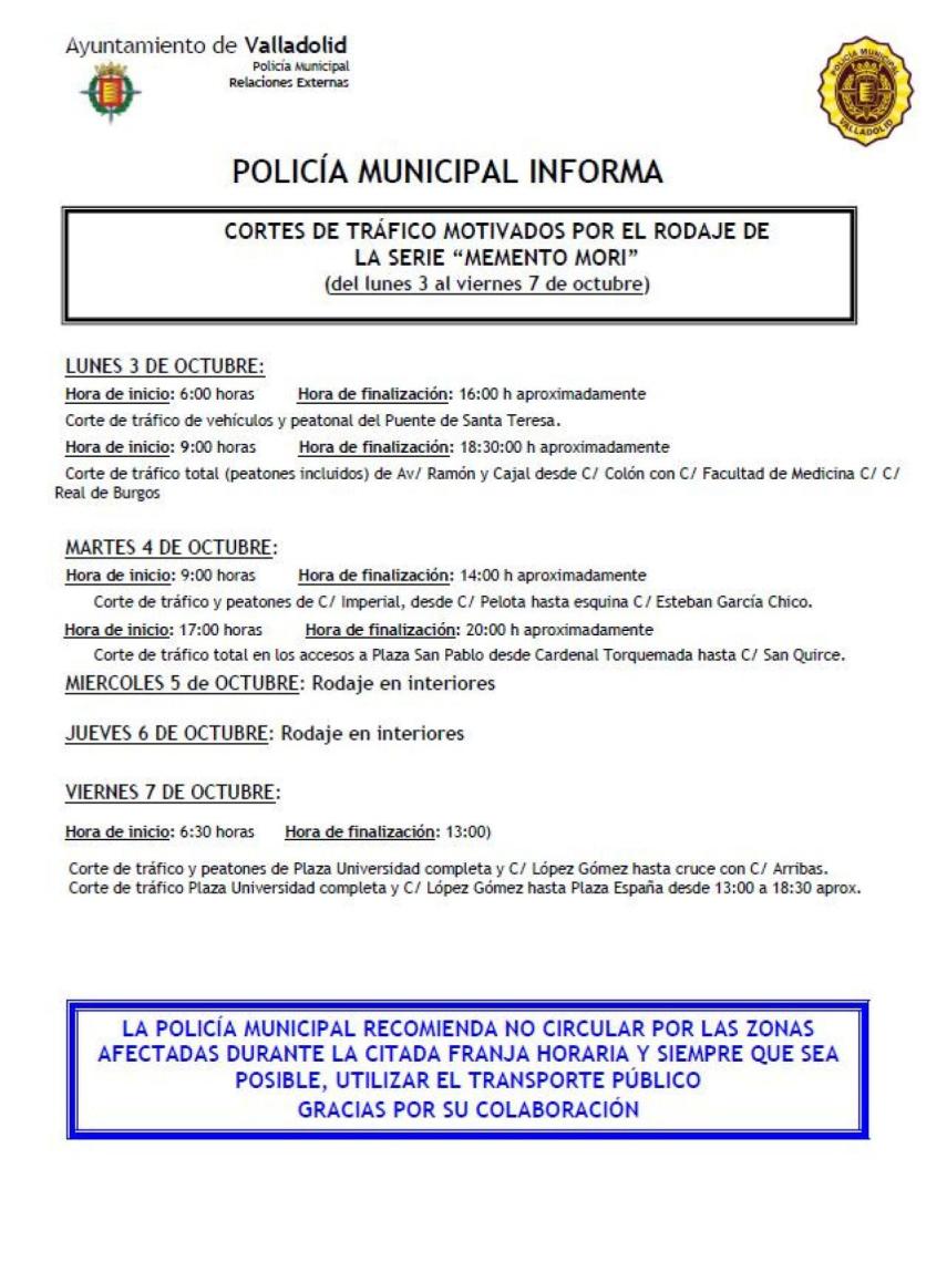 Cortes al tráfico motivados por la serie 'Memento Mori' en Valladolid