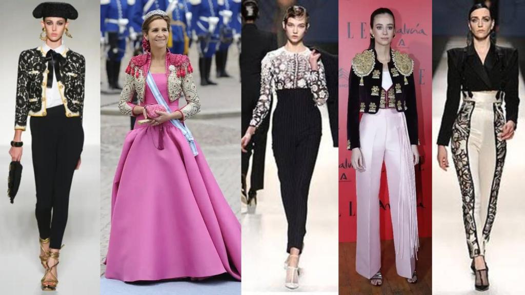 Modelos de Moschino (izda.) y Jean Paul Gaultier junto dos imágenes de la infanta Elena y su hija, Victoria de Marichalar.