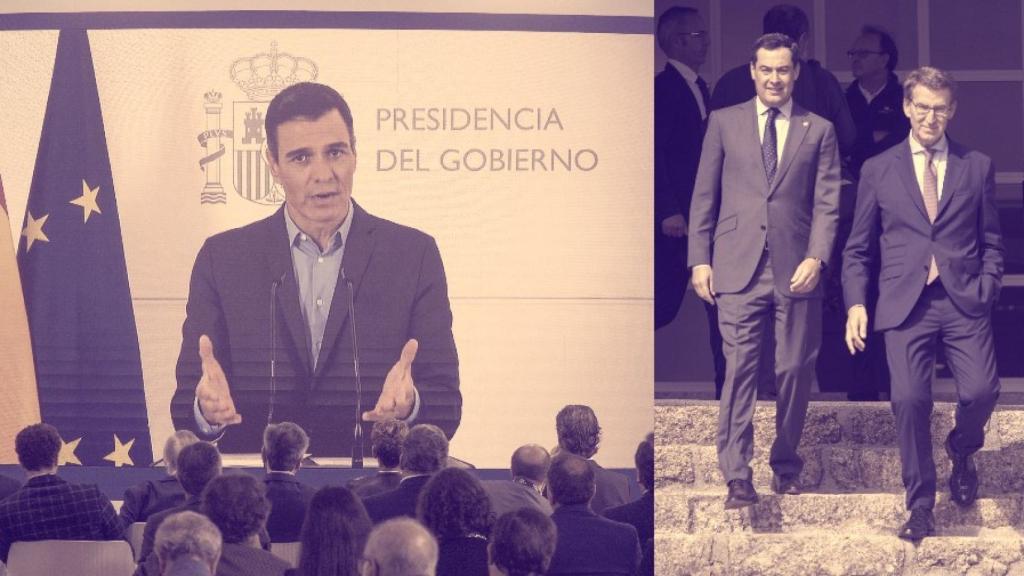 Pedro Sánchez, Alberto Núñez Feijóo y Juanma Moreno.