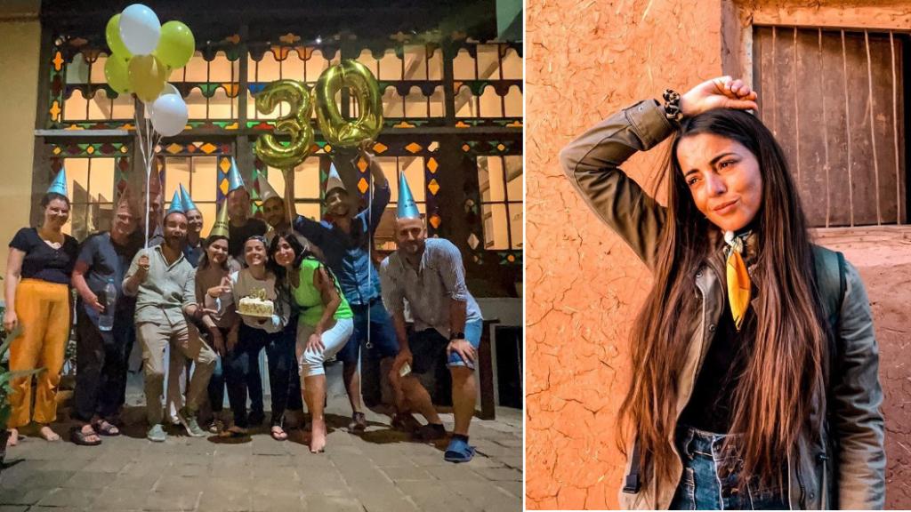 Alessia Piperno, en una imagen de su cumpleaños en Teherán y otra en Marruecos en marzo.