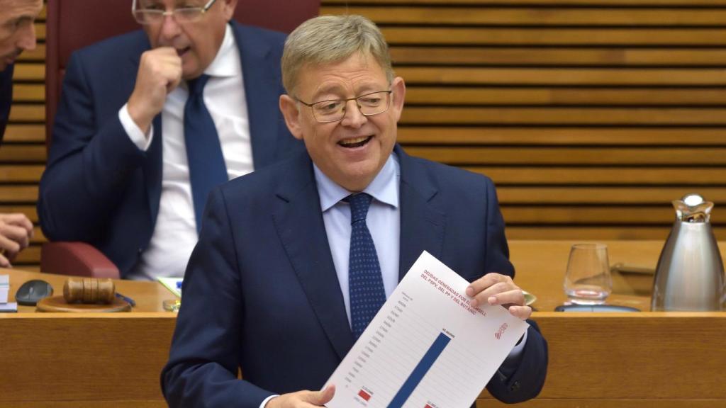 Ximo Puig, durante el anuncio de la rebaja fiscal en 'Les Corts Valencianes'. EE