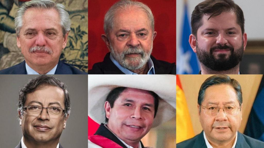 De izquierda a derecha, y de arriba a abajo: Alberto Fernández (Argentina), Lula da Silva (Brasil), Gabriel Boric (Chile), Gustavo Petro (Colombia), Pedro Castillo (Perú) y Luis Arce Catacora (Bolivia).