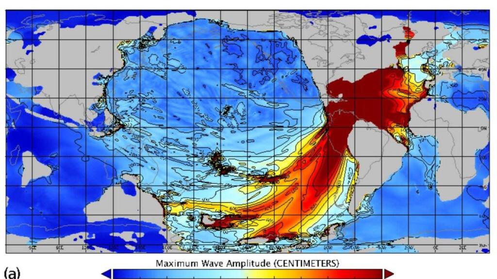Simulación del tsunami que recorrió el Planeta tras el impacto del meteorito de Chicxulub.