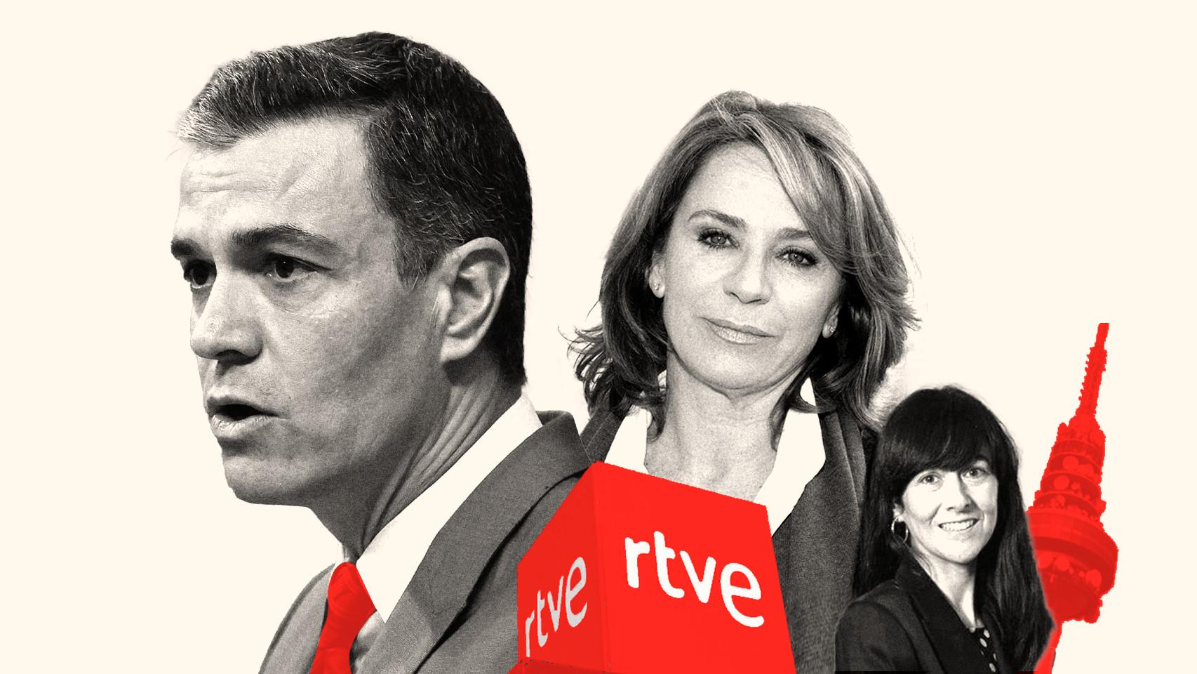 Ilustración donde se puede ver a Pedro Sánchez, presidente del Gobierno; Elena Sánchez, presidenta en funciones de RTVE, y a la presidenta de la SEPI, Belén Gualda.