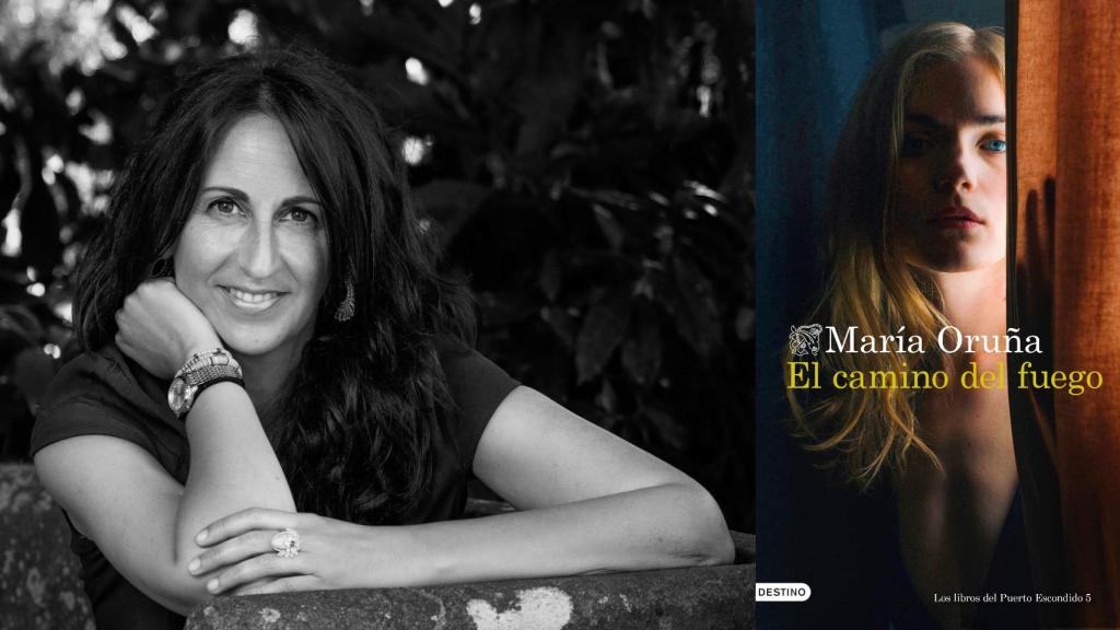 La escritora María Oruña y la portada de su último libro.