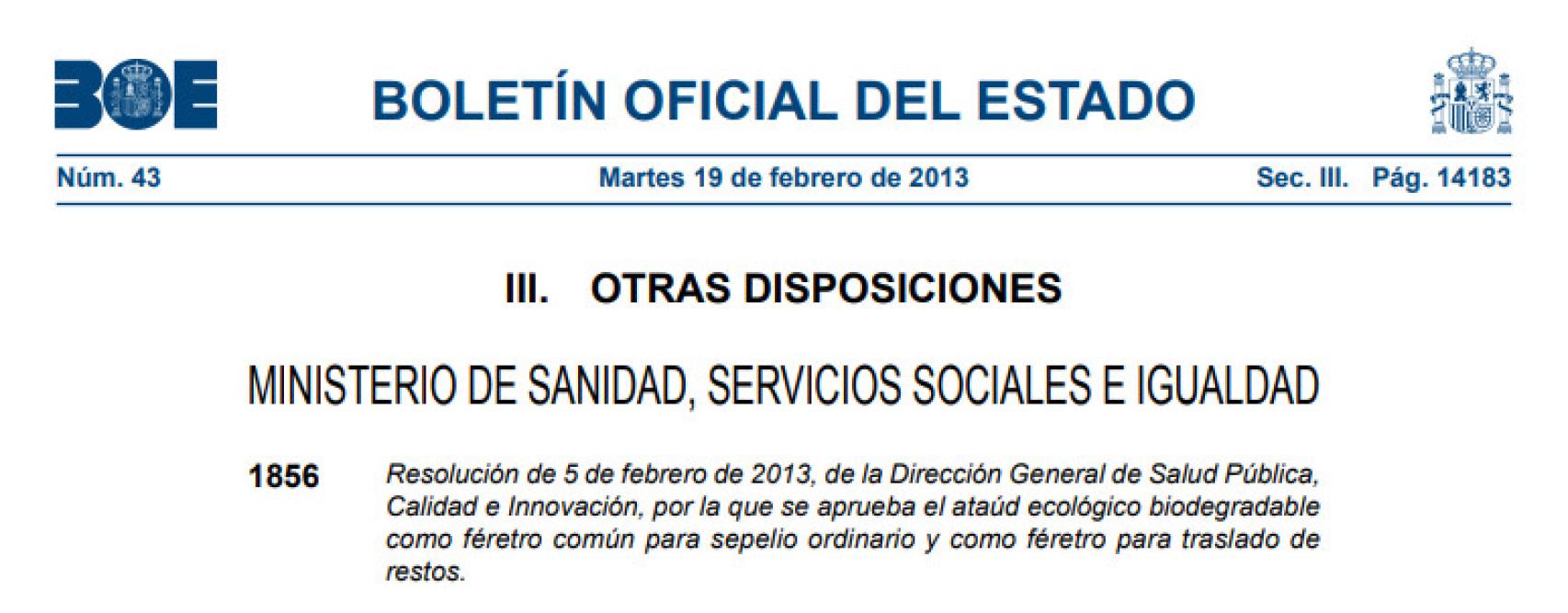 Extracto del BOE donde se recoge la homologación del ataúd de cartón RestGreen, fechado en 2013.