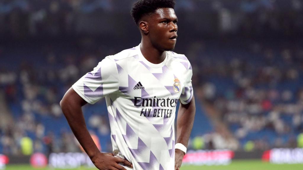 Aurélien Tchouaméni, en el calentamiento del Real Madrid