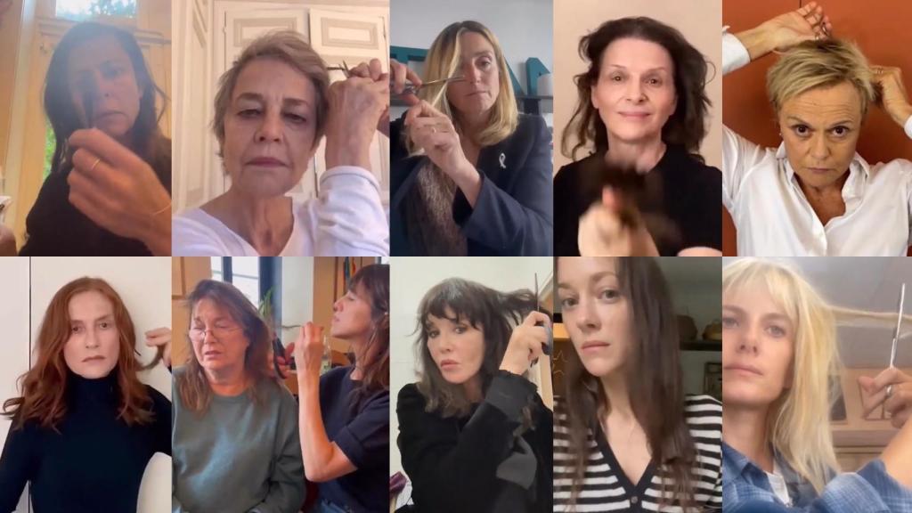 Las actrices francesas se cortan el pelo en solidaridad con las iraníes. De izda. a dcha. y de arriba a abajo: Anna Mouglalis, Charlotte Rampling, Julie Gayet, Juliette Binoche, Muriel Robin, Isabelle Huppert, Jane Birkin y su hija, Charlotte Gainsbourg;  Isabelle Adjani, Marion Cotillard, y Mélanie Laurent.