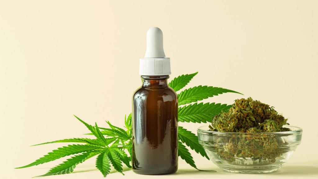 Un bote de aceite de CBD junto a un recipiente con marihuana