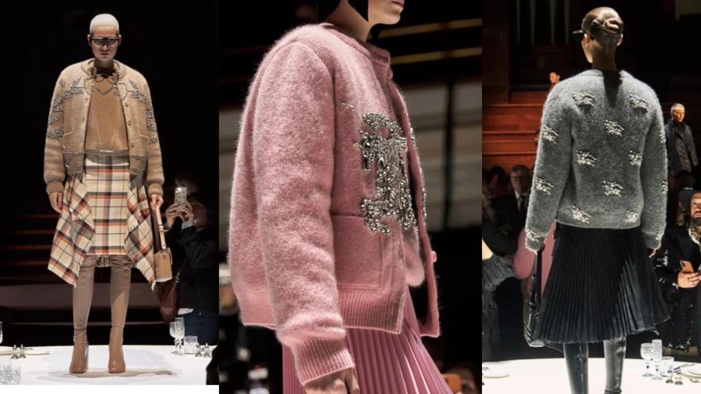 La chaqueta de punto con aplicaciones de bisutería y joyería presentadas por Burberry para otoño-invierno 2022-2023.