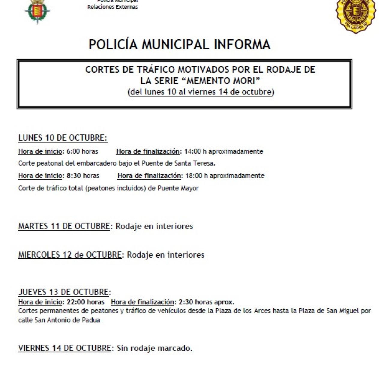 Cortes al tráfico por el rodaje de la serie 'Memento Mori' en Valladolid