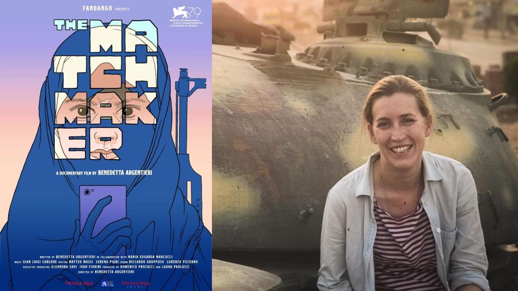 Cartel del documental 'The Matchmaker' junto a una fotografía de la cineasta Benedetta Argentieri.