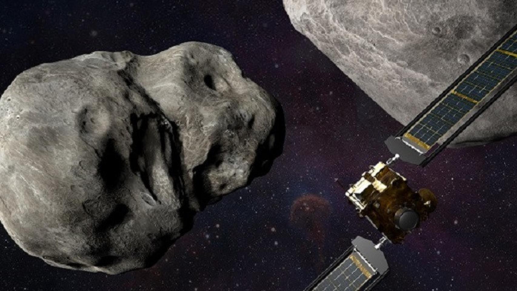 Ilustración de la nave espacial DART de la Nasa y del Liciacube de la Agencia Espacial Italiana antes del impacto con el sistema binario Didymos. Foto: NASA/Laboratorio de Física APlicada de Johns Hopkins /Steve Gribben