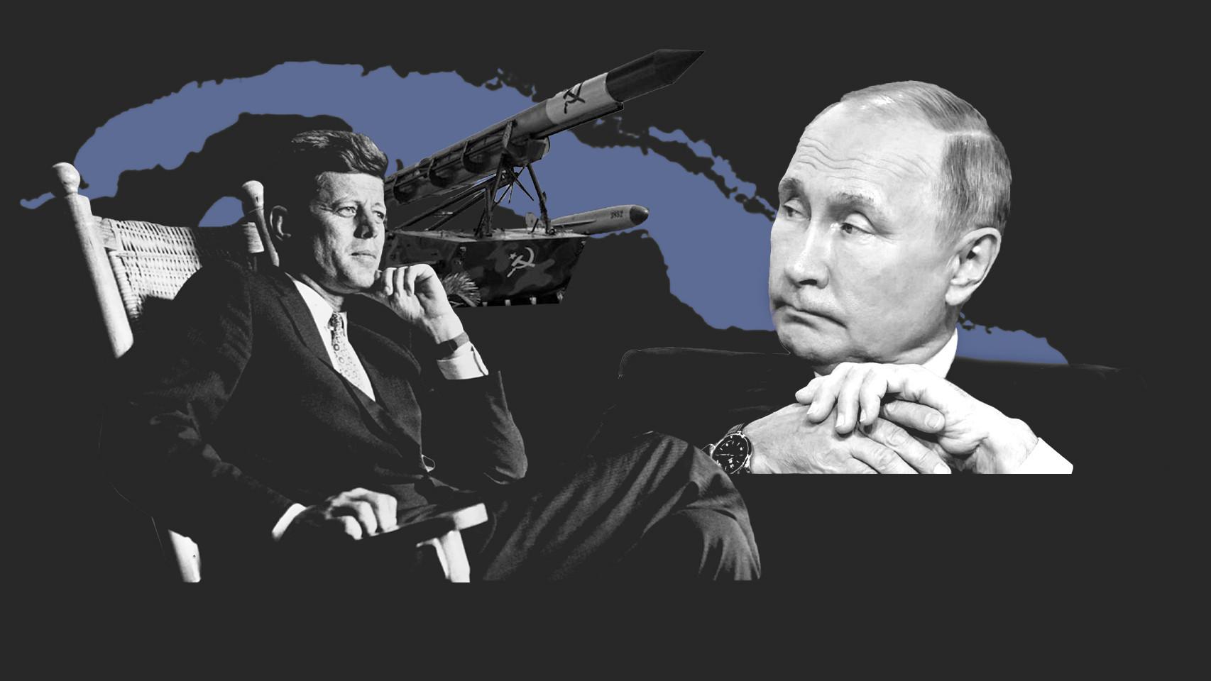 Montaje de la crisis de los misiles con ilustraciones de Kennedy y Putin.