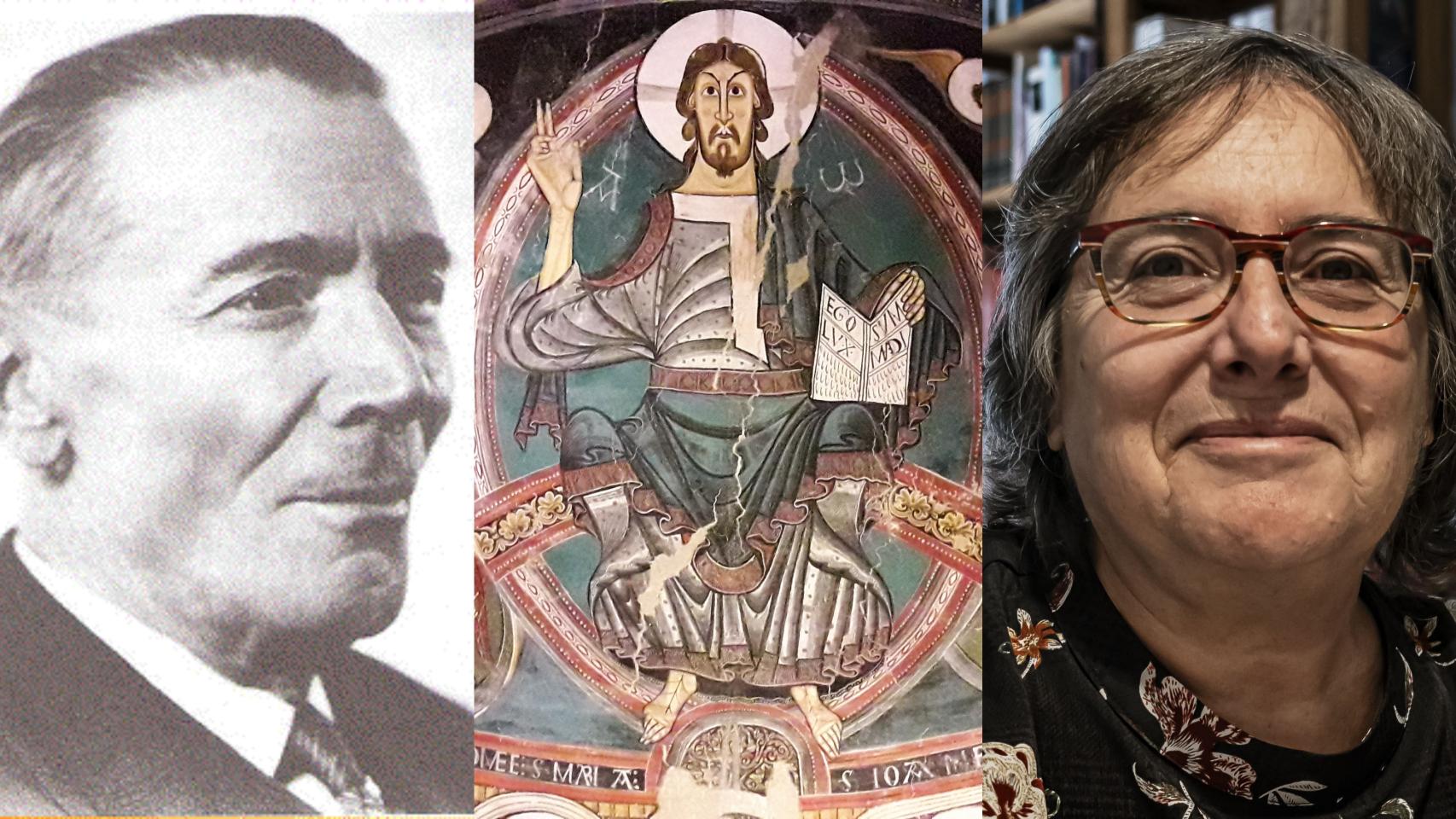 El 'strappista' Franco Steffanoni, el pantocrátor de la iglesia de San Clemente de Tahull (uno de los frescos que arrancó y trasladó) y la profesora Simona Rinaldi.