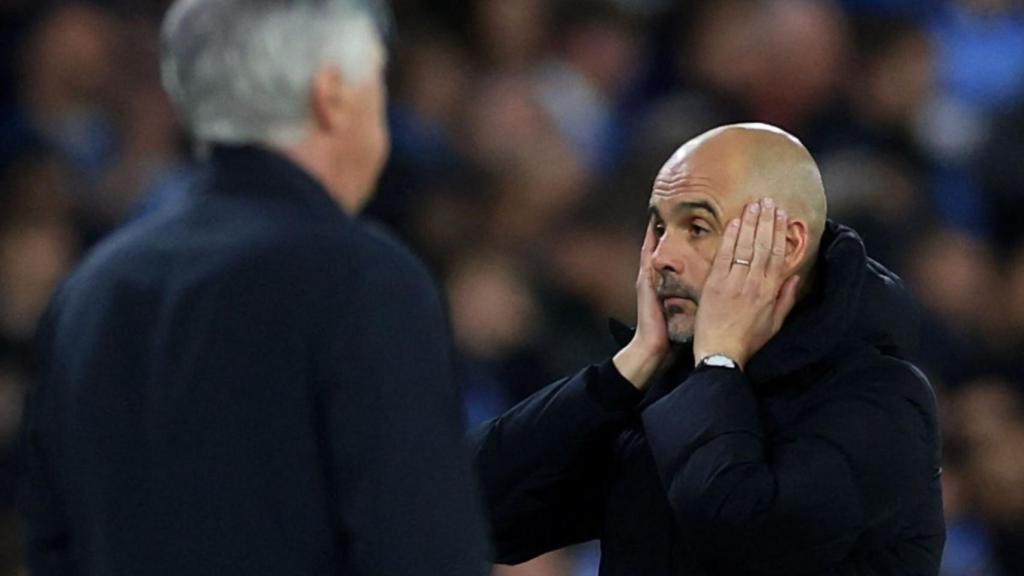 Pep Guardiola, durante el último Real Madrid - Manchester City en el Santiago Bernabéu