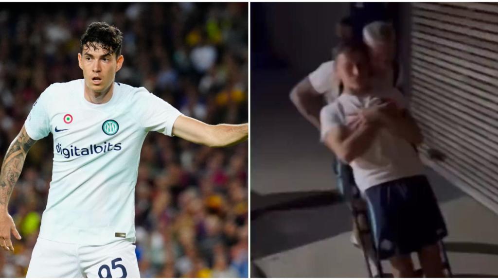 DiMarco lleva a Barella en carretilla mientras Bastoni graba en el Camp Nou