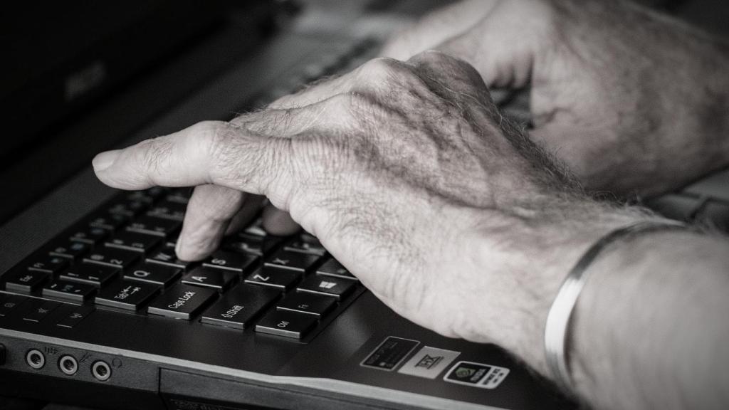 Una persona mayor trabaja en un ordenador.