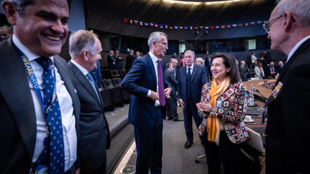 La ministra de Defensa, Margarita Robles, este jueves en la sede de la OTAN en Bruselas.