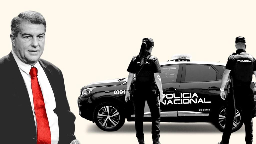 Joan Laporta, en un fotomontaje, junto a agentes de Policía Nacional