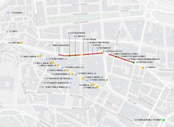 Plano de los adornos navideños en el centro de Vigo.