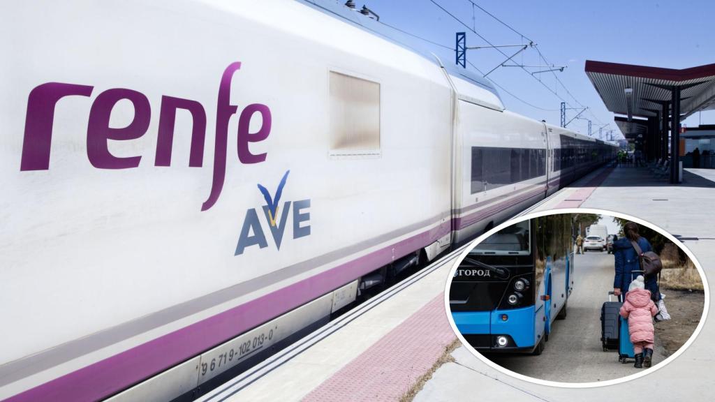 Un AVE y un autobús en imagen de archivo.