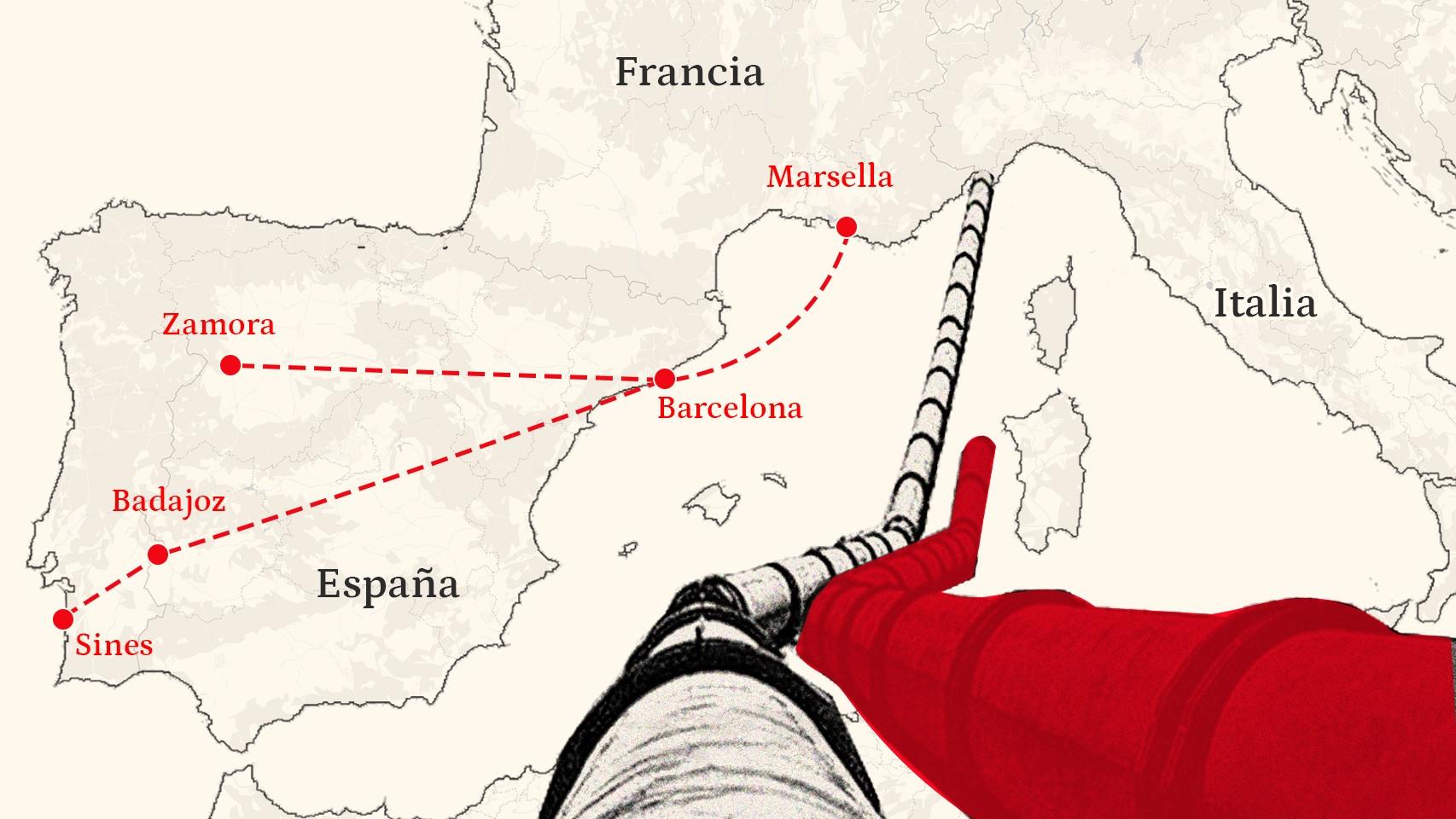 Mapa de interconexiones gasistas Portugal, España y Francia.