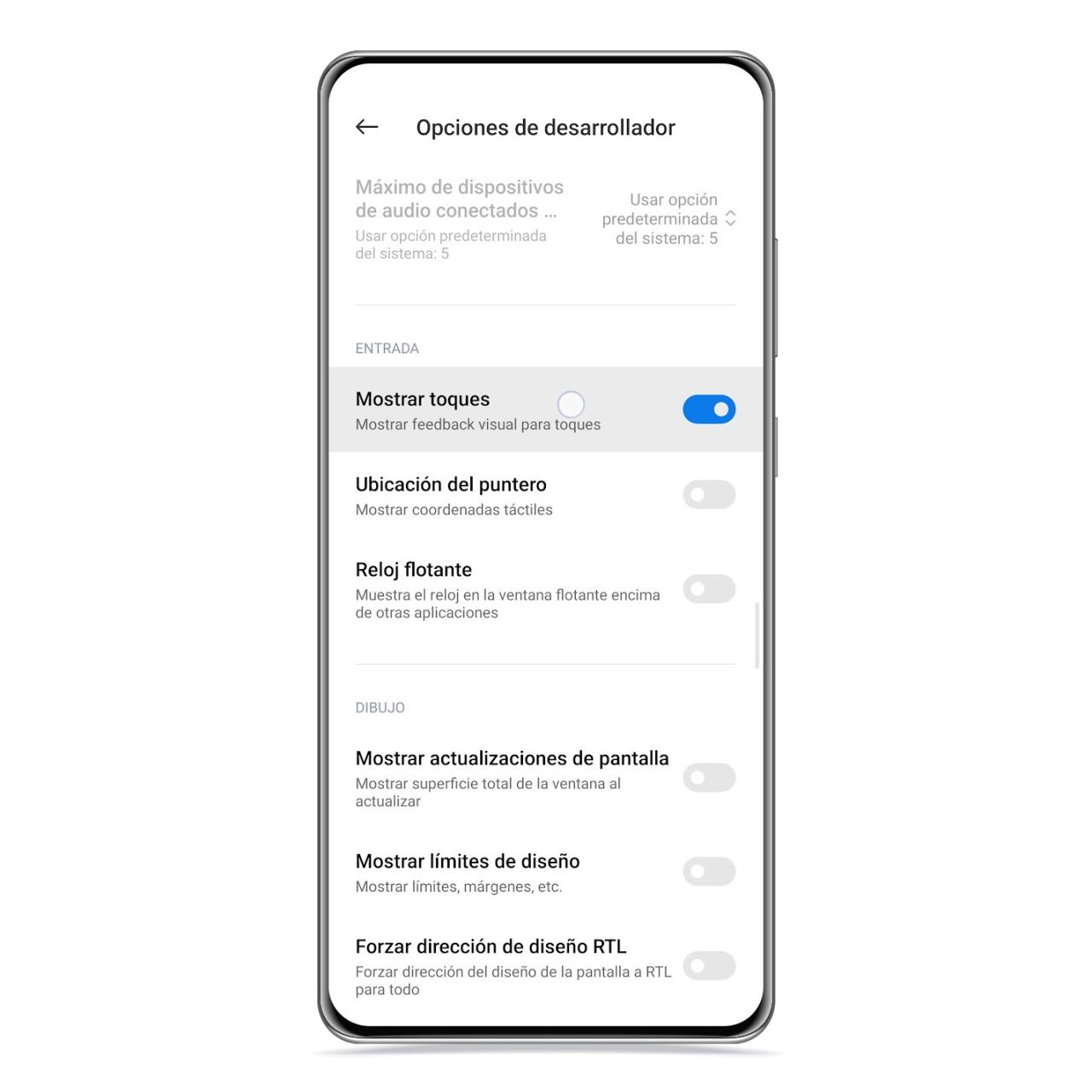 Mostrar toques en pantalla