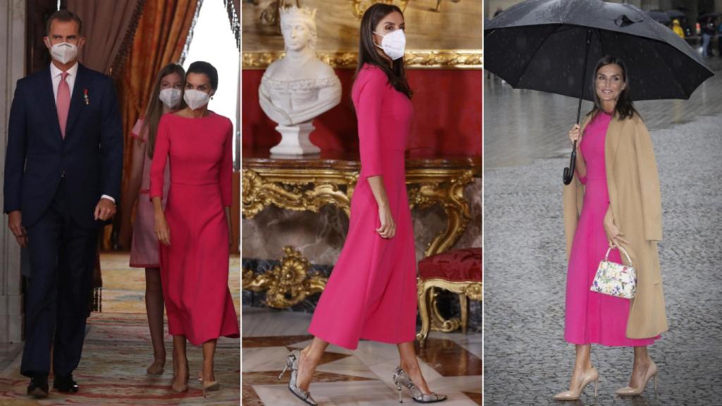 Las tres veces que Letizia ha llevado el vestido fucsia de Moisés Nieto.