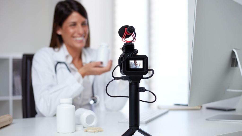 Una mujer farmacéutica grabando un vídeo.